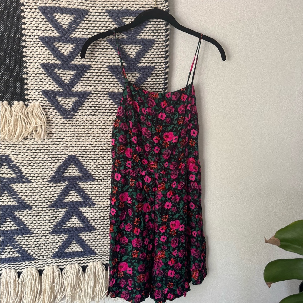 Black Fuchsia Floral Spaghetti Strap Romper, Size S